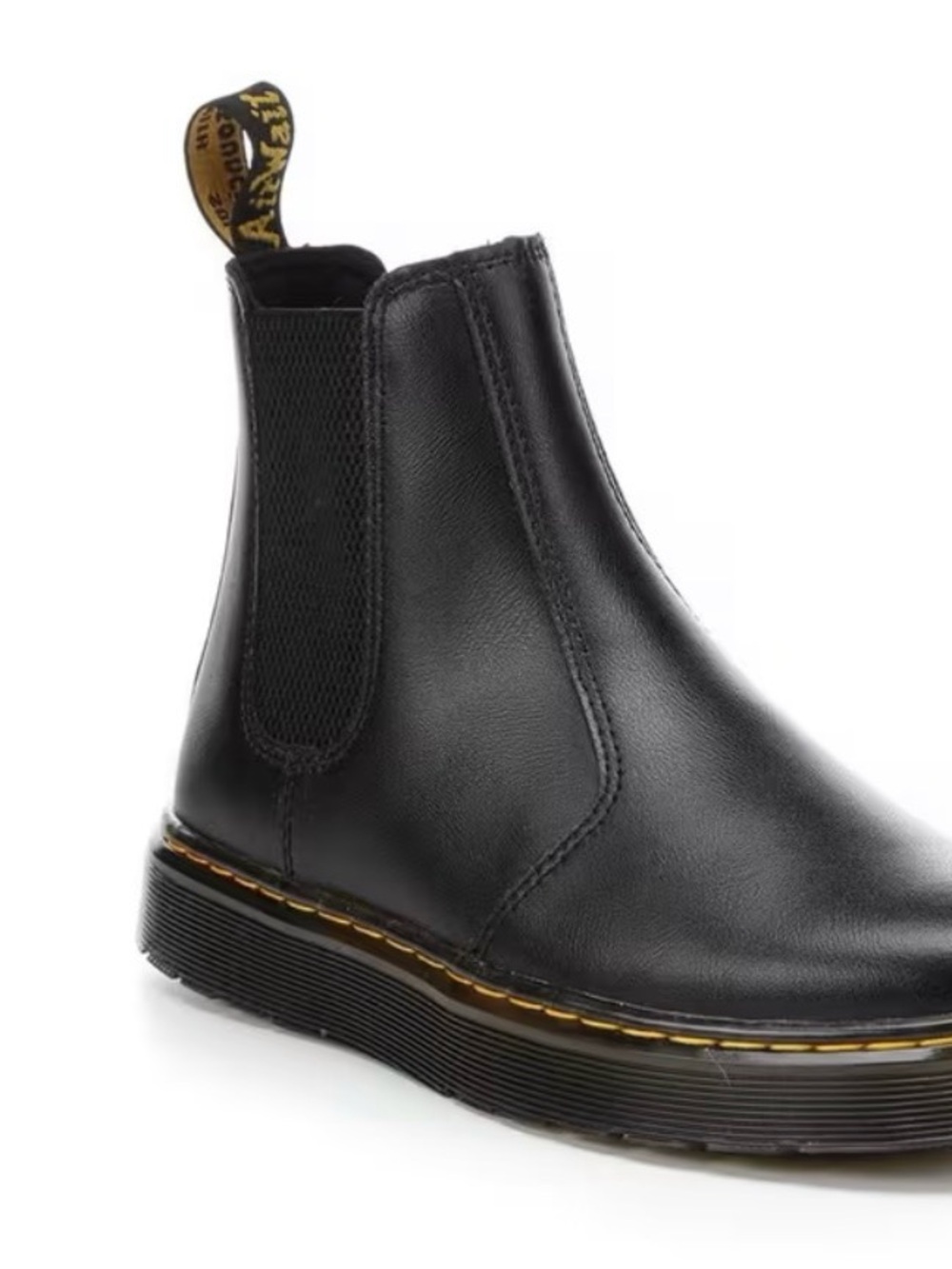 Dr. Martens Black Leather “Dorian” Chelsea Boot with Yellow Stitching